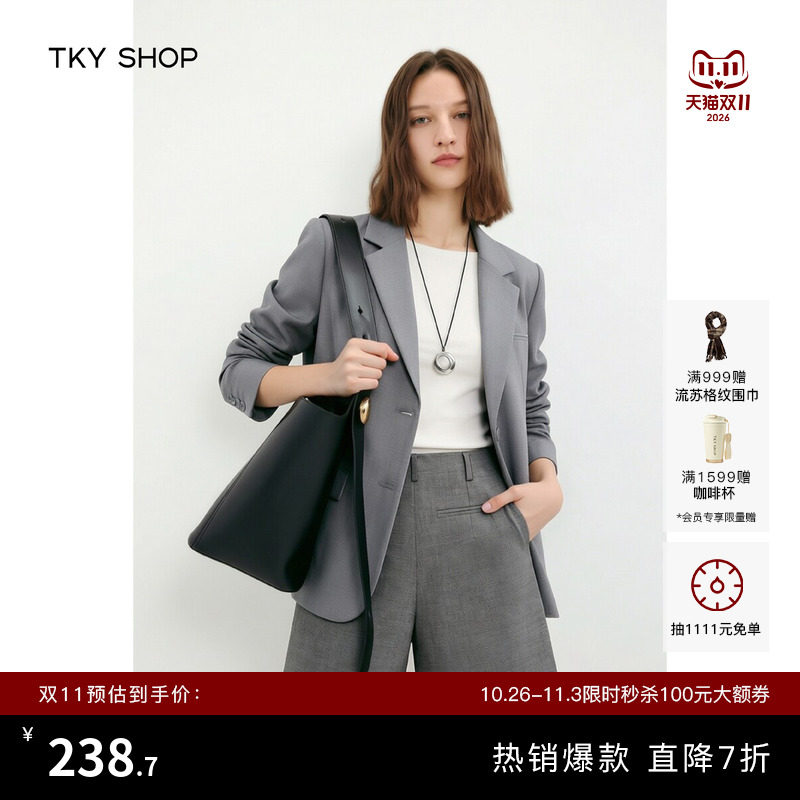 TKY SHOP通勤英伦风西装外套女时髦V领职场OL西服轻奢羊毛短外套