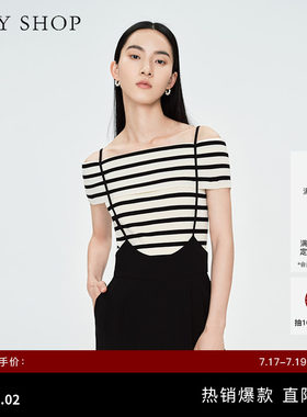 TKYSHOP套头一字肩针织短袖