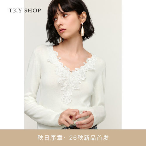 TKYSHOP蕾丝边V领针织衫