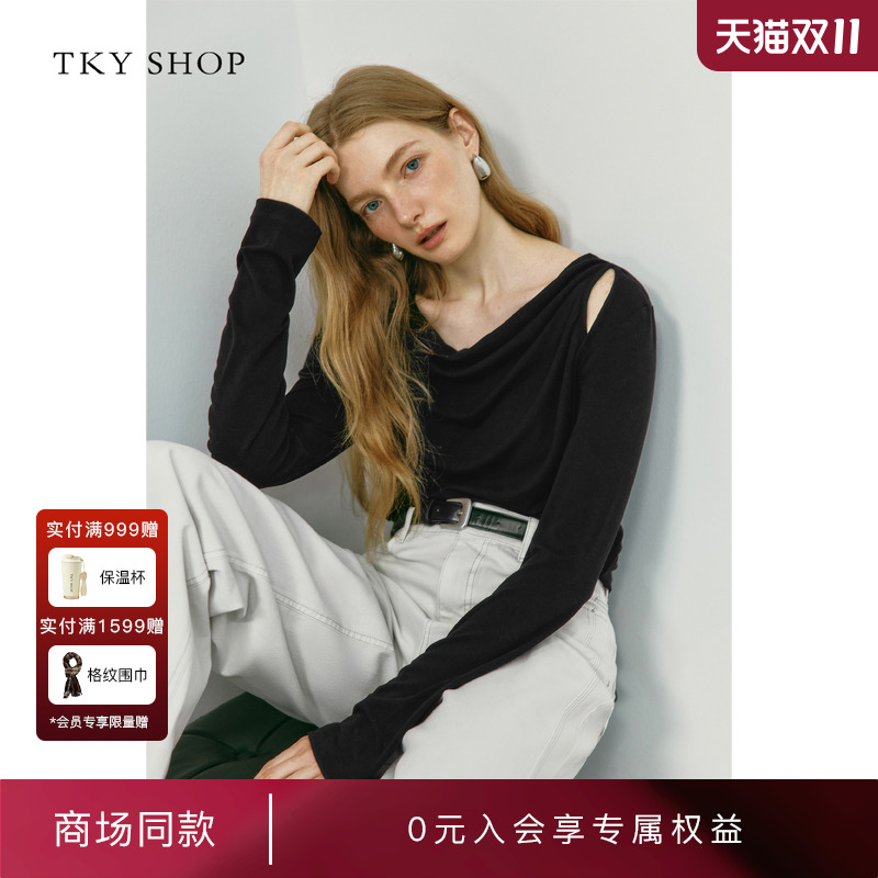 TKYSHOP黑色荡领长袖T恤