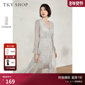 V领碎花连衣裙春秋新款 TKY SHOP时尚 不规则裙摆优雅气质显瘦长裙