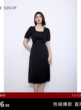 TKY SHOP极简小方领连衣裙女夏季桑蚕丝高级质感小黑裙收腰显瘦