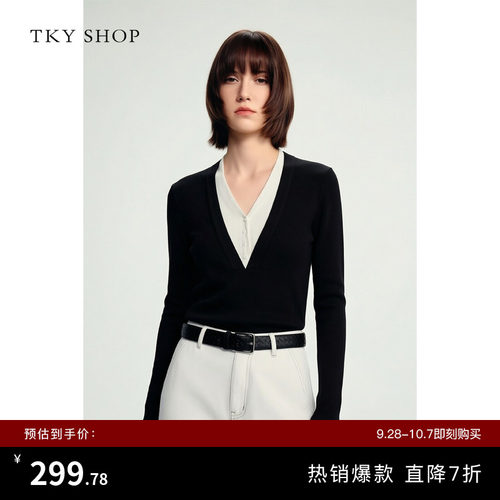 TKYSHOP假两件V领毛套衫