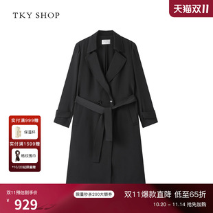 真丝风衣外套2025春新款 SHOP黑色中长款 TKY 通勤时尚 100%桑蚕丝