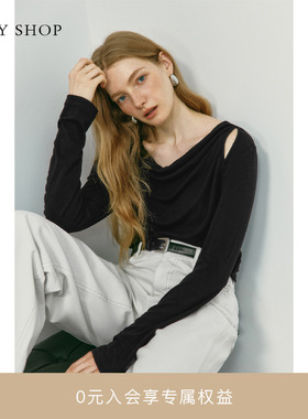 [商场同款]TKYSHOP黑色长袖T恤女2025秋新款荡领上衣10I1NA03L042