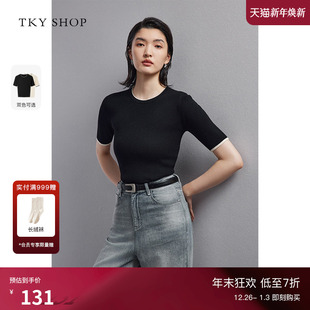T恤针织衫 TKY 黑色圆领短袖 针织上衣女春秋款 SHOP设计感撞色短袖
