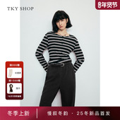 商场同款 TKY SHOP抽褶条纹T恤2025冬新款 长袖 上衣10I1NA01P011