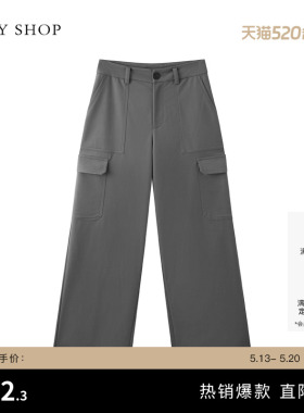 TKY SHOP灰色工装裤子女夏季薄款宽松运动阔腿裤大口袋工装休闲裤