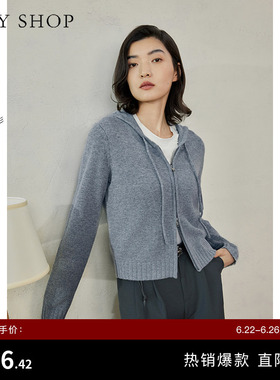 TKY SHOP灰色连帽双拉链针织开衫女美式慵懒风毛衣外套保暖上衣