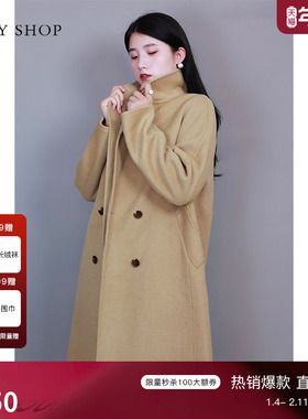 [100%绵羊毛]TKY SHOP经典双排扣中长款大衣女冬季新款毛呢外套