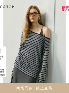 [商场同款]TKY SHOP长袖条纹T恤女秋新款一字肩上衣10I1JA01J002