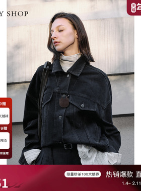 TKY SHOP复古做旧牛仔外套宽松工装风短款夹克黑色翻领单排扣外套