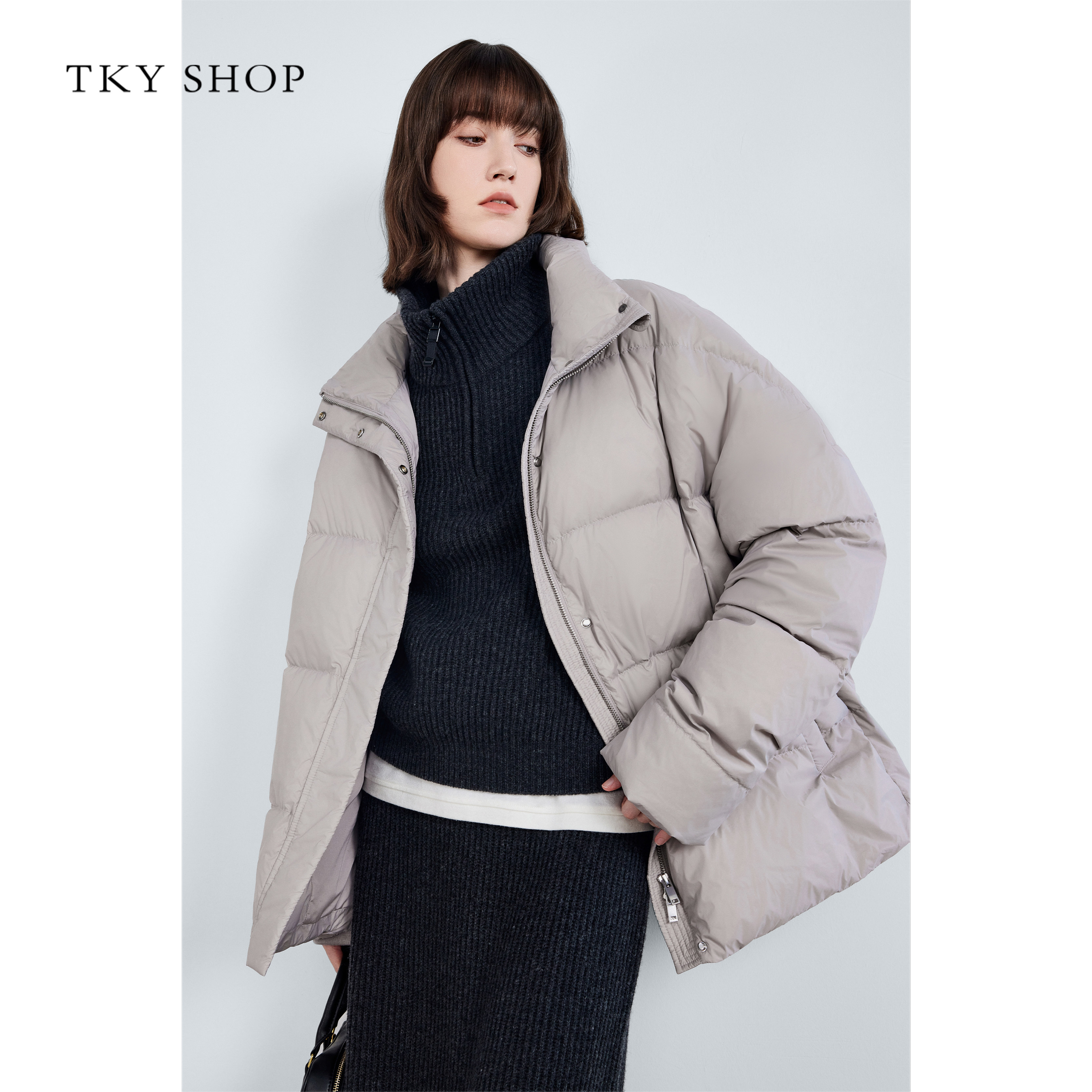 TKY SHOP立领短款休闲羽绒服女2025冬季新款米灰色减龄保暖厚外套