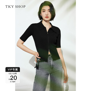 双拉链针织开衫 TKY 新款 SHOP短款 薄上衣 polo领针织上衣2025夏季