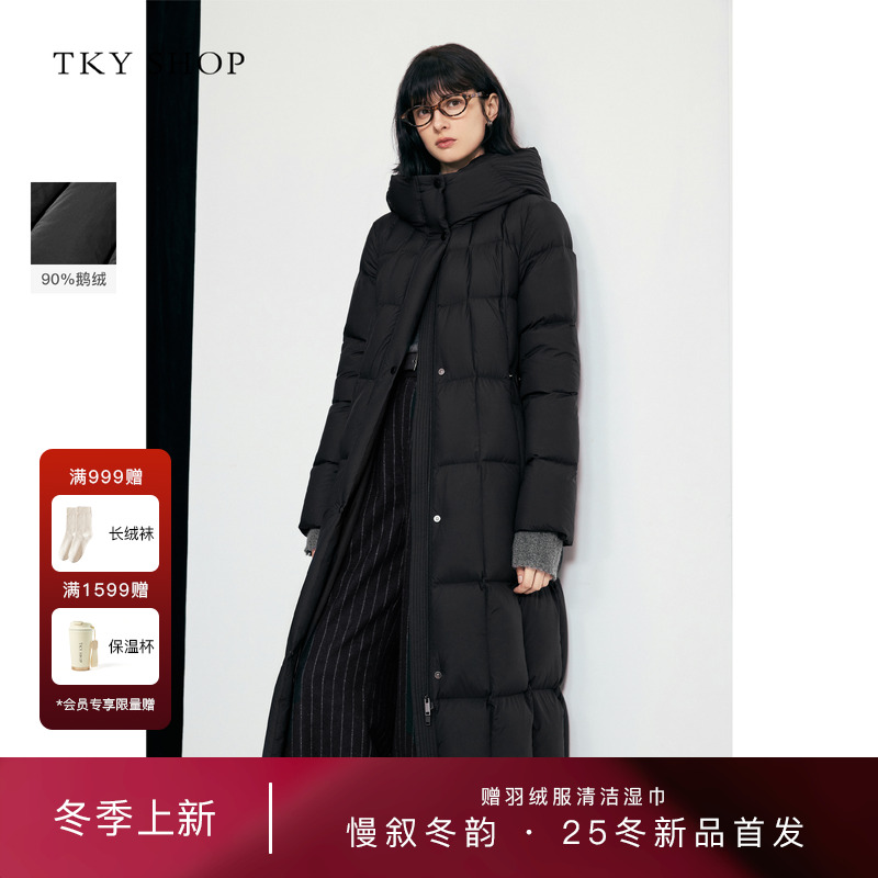 TKYSHOP黑色长款连帽鹅绒服