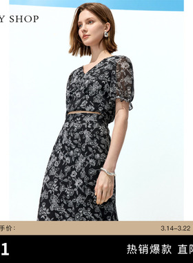 TKY SHOP系带印花衬衫女2025夏新款短上衣10I1JA07G142