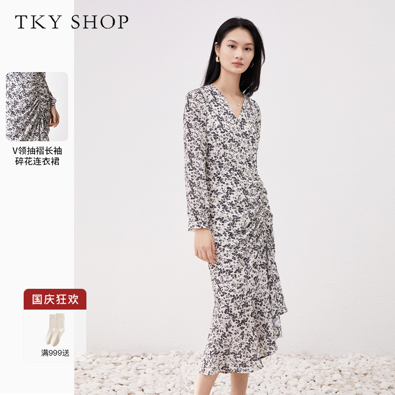 TKYSHOP抽褶V领长袖碎花连衣裙