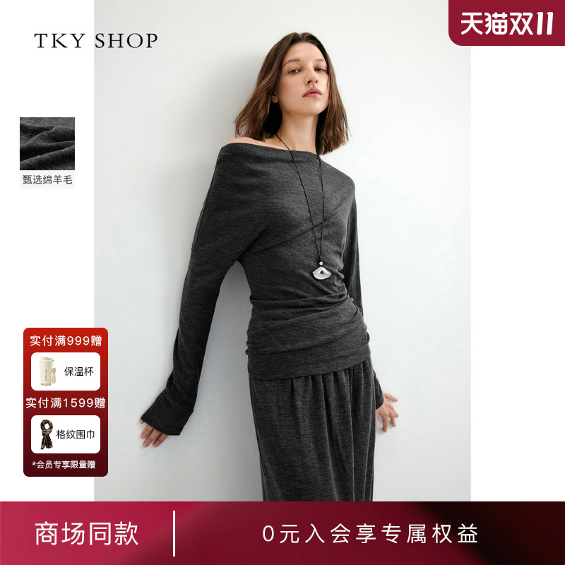 TKYSHOP斜肩长袖上衣