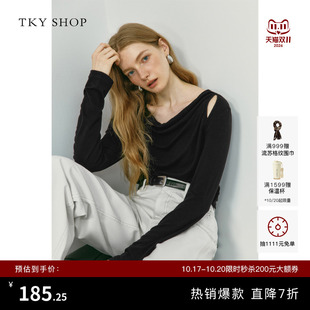 TKY SHOP黑色镂空荡领长袖T恤女秋季新款设计感气质上衣韩系穿搭