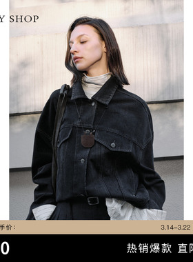 TKY SHOP复古做旧牛仔外套宽松工装风短款夹克黑色翻领单排扣外套