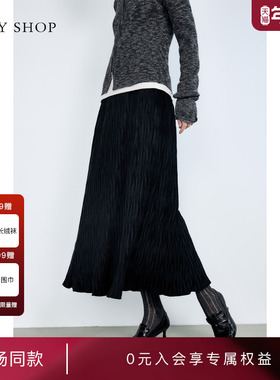 [商场同款]TKY SHOP黑色压褶半身裙2024冬季新款长裙10H1TA02S107