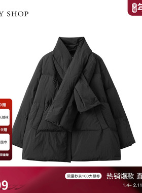 TKY SHOP黑色短款围脖羽绒服女2025冬新款防风保暖加厚外套鹅绒服