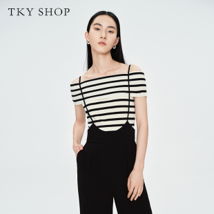 TKY SHOP条纹一字肩上衣夏季新款女设计感高级感简约气质温柔淑女