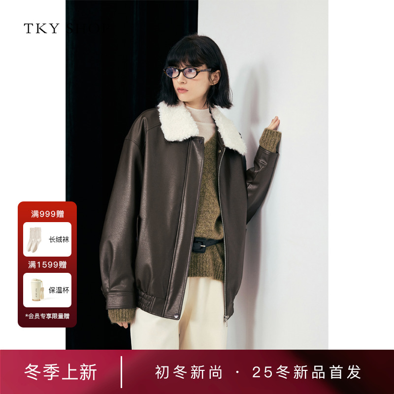 TKYSHOP翻领PU皮外套
