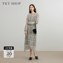 [100%桑蚕丝]TKY SHOP真丝印花连衣裙春季新款长袖圆领碎花长裙