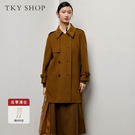 TKY SHOP双排扣时尚覆片中长款羊毛大衣女冬季复古系带毛呢外套女