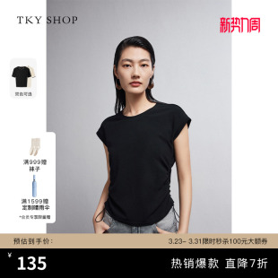 休闲短袖 新款 T恤优雅气质 SHOP腰部抽褶设计感黑色薄上衣夏季 TKY