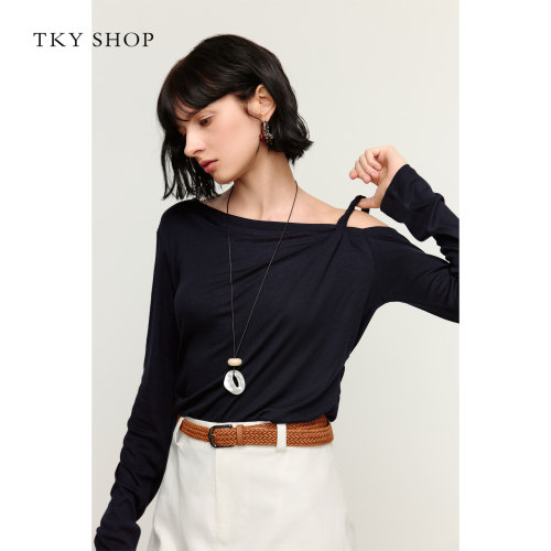TKYSHOP斜肩长袖T恤女