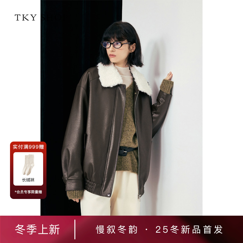 TKYSHOP翻领PU皮外套