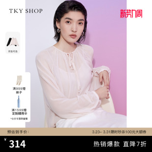 真丝上衣女夏薄款 SHOP时髦系带圆领长袖 TKY 透气衬衫 100%桑蚕丝