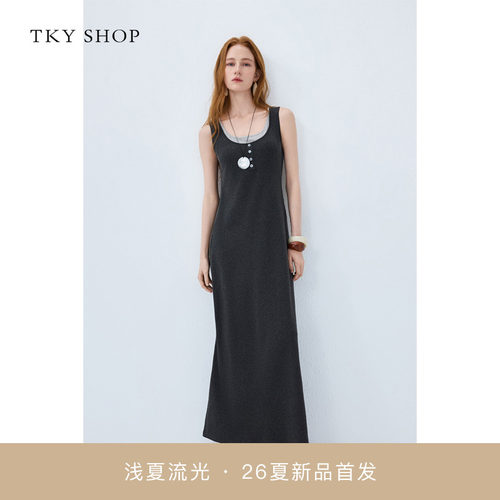 TKYSHOP假两件无袖连衣裙