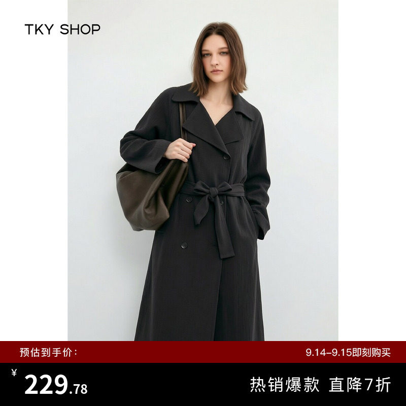 TKY SHOP极简风黑色廓形风衣女中长款大翻领双排扣收腰外套通勤