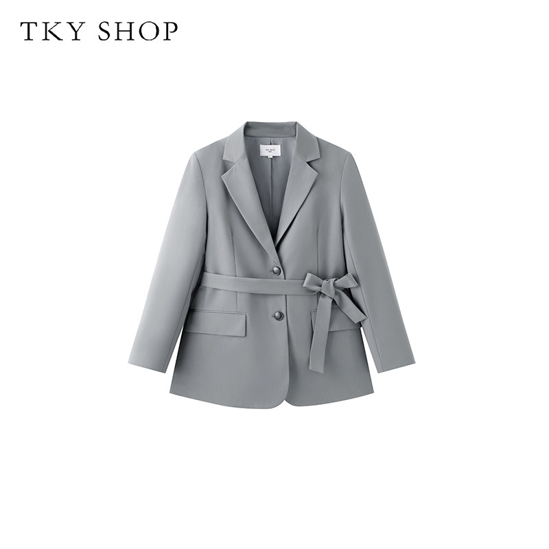 TKY SHOP烟灰色短款西装外套女春夏新款时尚便西设计感收腰系带