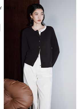 [100%山羊绒]TKY SHOP撞色全羊绒针织开衫女2025春秋新款黑色百搭