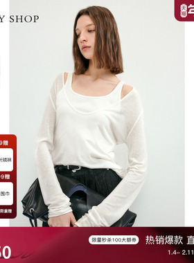 TKY SHOP慵懒风撞色假两件微透针织衫女白色长袖打底衫百搭上衣