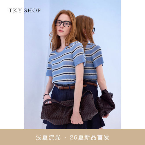 TKYSHOP条纹短袖毛套衫