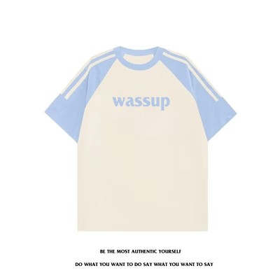 夏季wassup美式复古拼接插肩短袖t恤男女情侣潮牌学生半袖上衣服