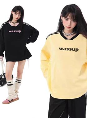 春秋wassup美式复古插肩长袖打底衫条纹正肩上衣服V领黄色卫衣女
