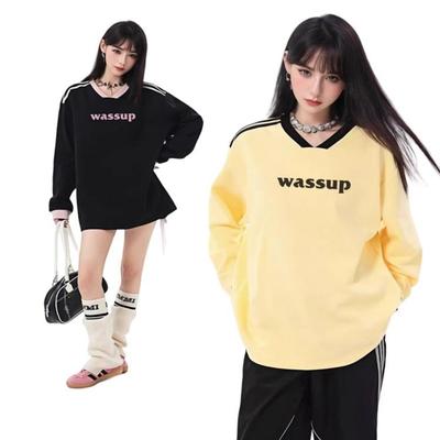 春秋wassup美式复古插肩长袖打底衫条纹正肩上衣服V领黄色卫衣女