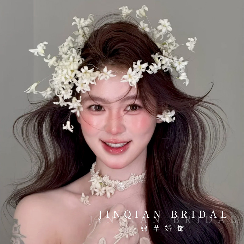 锦芊森系白色花朵发夹颈链套装新娘头饰超仙婚礼外景旅拍造型配饰