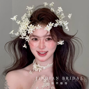 锦芊森系白色花朵发夹颈链套装新娘头饰超仙婚礼外景旅拍造型配饰