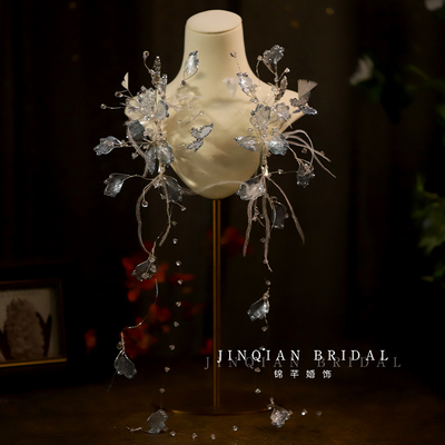 超仙冰蓝色水晶羽毛花朵发夹