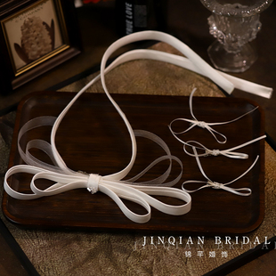 新款超仙白色缎面蝴蝶结飘带发夹简约新娘结婚纱礼服头饰造型配饰
