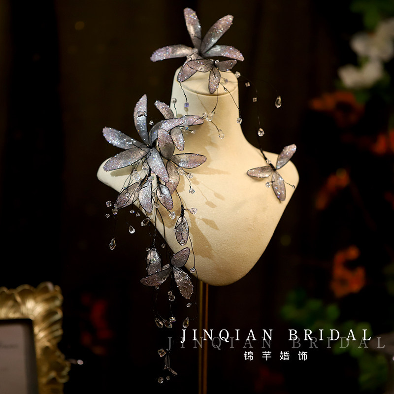 新品闪耀花瓣水晶流苏新娘头饰超仙轻奢风婚纱礼服造型发饰高级感
