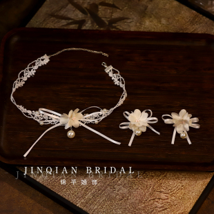 法式复古花朵蝴蝶结蕾丝颈链甜美造型项链耳环套新娘婚纱礼服配饰