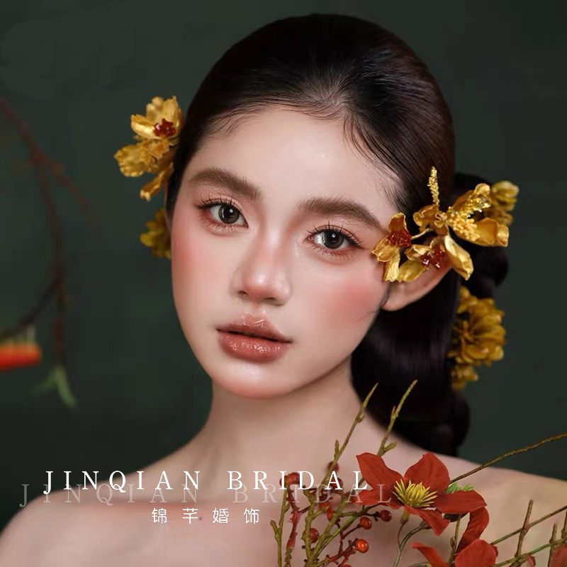 中式古风秀禾头饰龙凤褂金色花朵